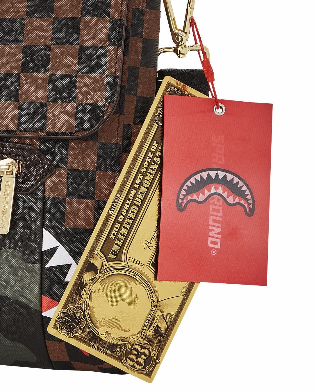 EXTERIOR GOLD ZIP POCKET SHARKS IN PARIS MESSENGER SLING BAG | Sprayground Discount