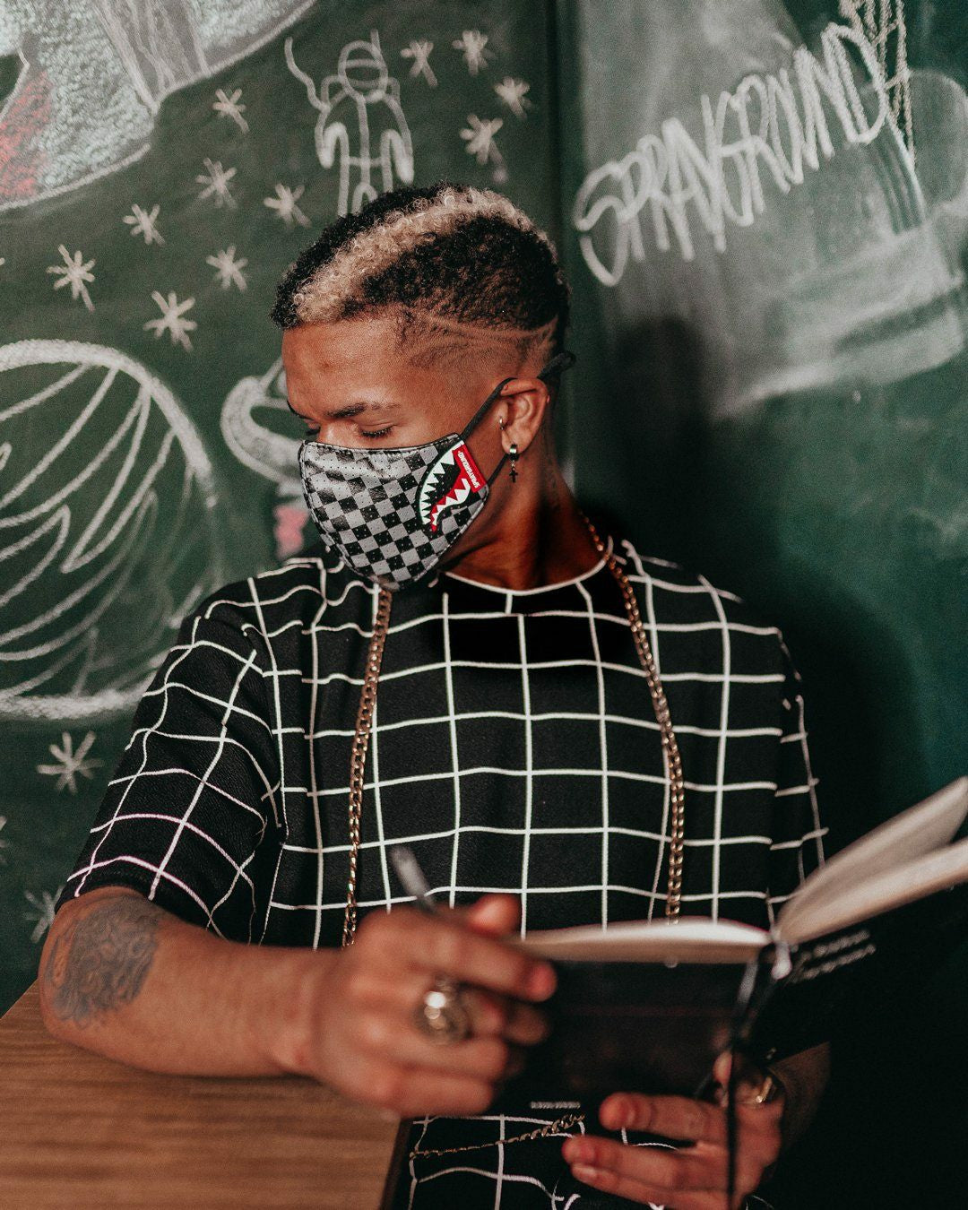 SHARKS IN PARIS (GRAY) VEGAN LEATHER FACE MASK | Sprayground US