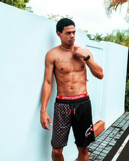 GREY CHECKERED SPLIT CORTO SWIM TRUNKS | Sprayground Discount