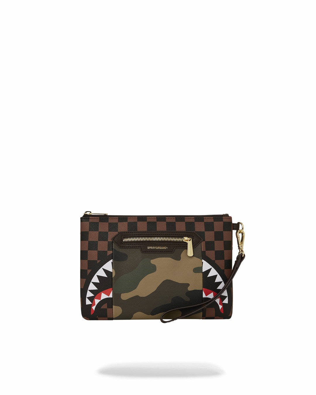 EXTERIOR GOLD ZIP POCKET SHARKS IN PARIS CROSSOVER CLUTCH | Sprayground Clearance