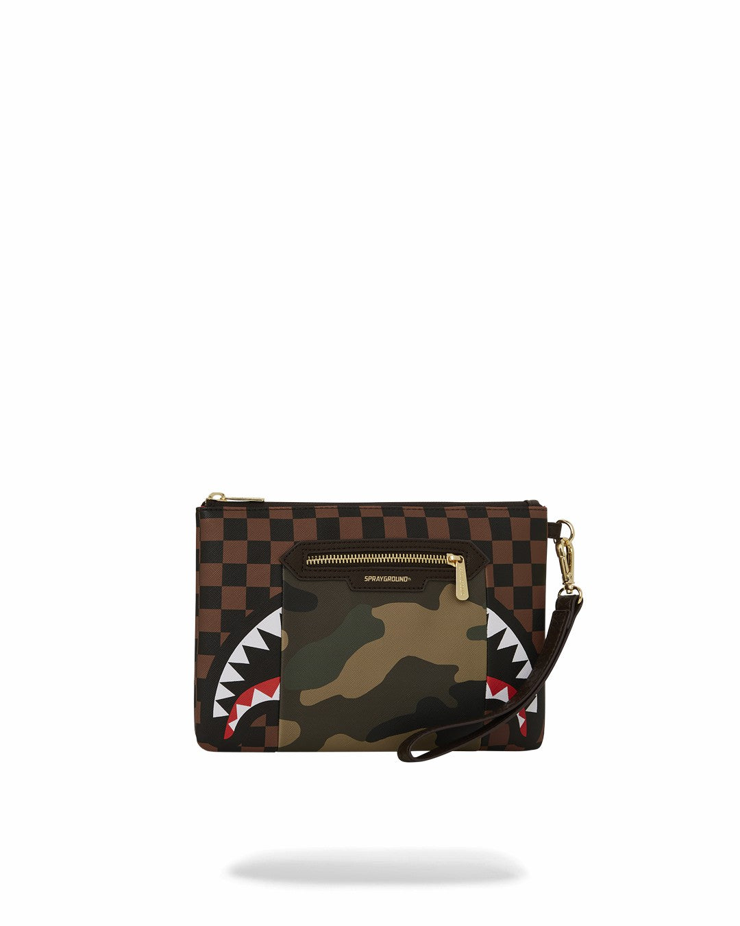 EXTERIOR GOLD ZIP POCKET SHARKS IN PARIS CROSSOVER CLUTCH | Sprayground Clearance