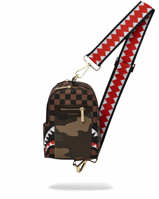 EXTERIOR GOLD ZIP POCKET SHARKS IN PARIS BACKPACK SLING | Sprayground US