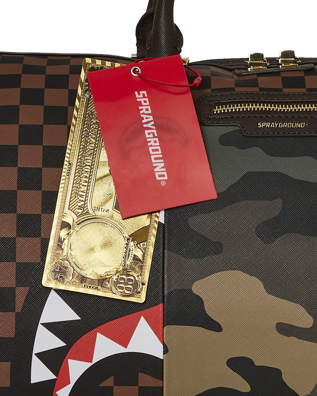 EXTERIOR GOLD ZIP POCKET SHARKS IN PARIS DUFFLE | Sprayground Near Me
