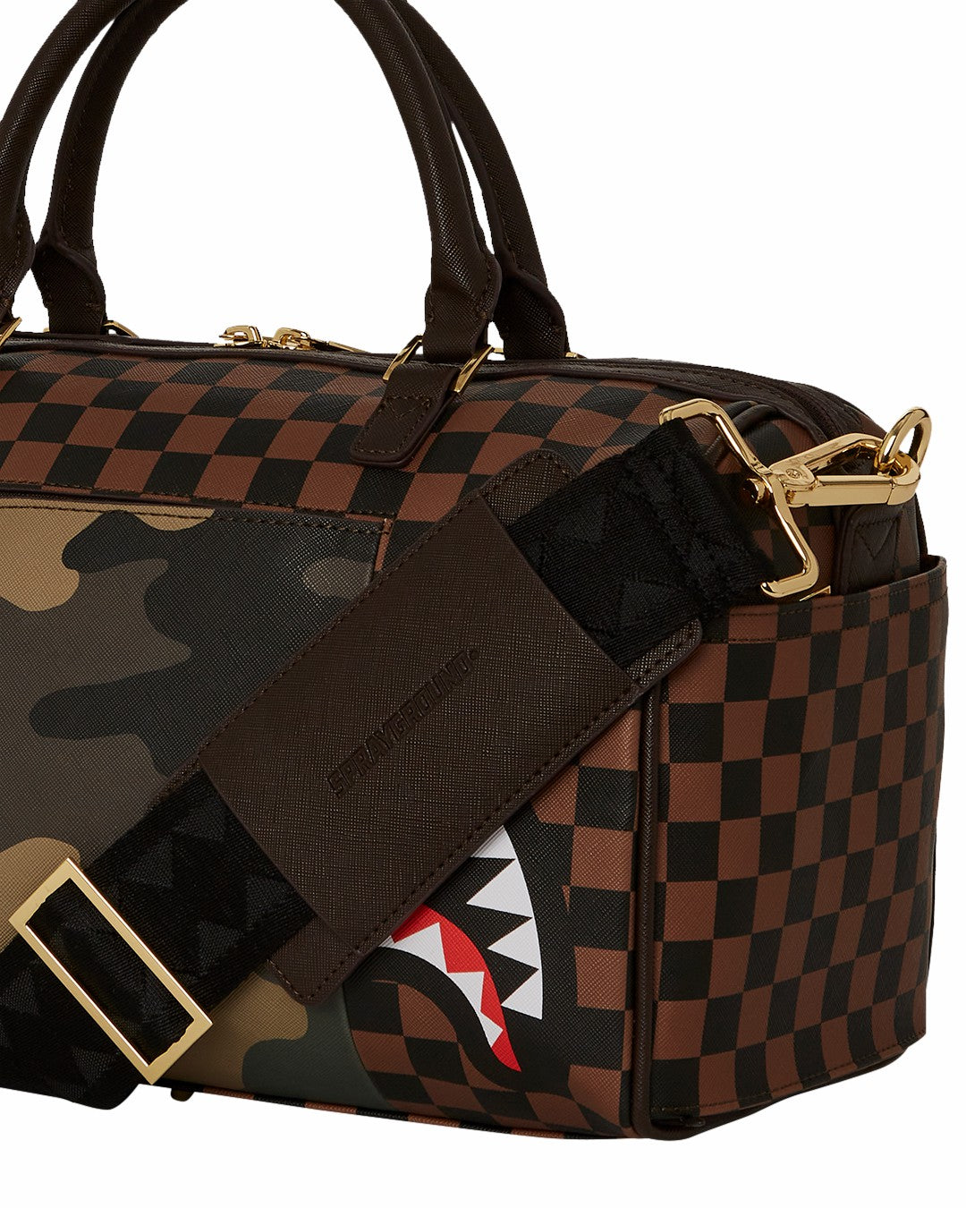 EXTERIOR GOLD ZIP POCKET SHARKS IN PARIS MINI DUFFLE | Sprayground sale